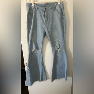 Light Blue Distressed Jeans Flare Bell Bottom Mid Rise